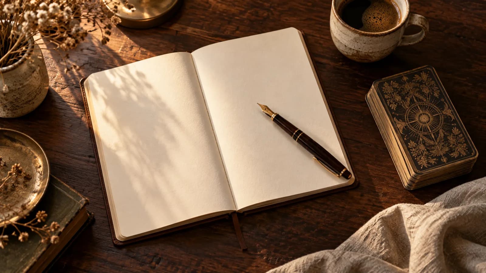 Otwarty notes, pióro i talia kart na drewnianym stole