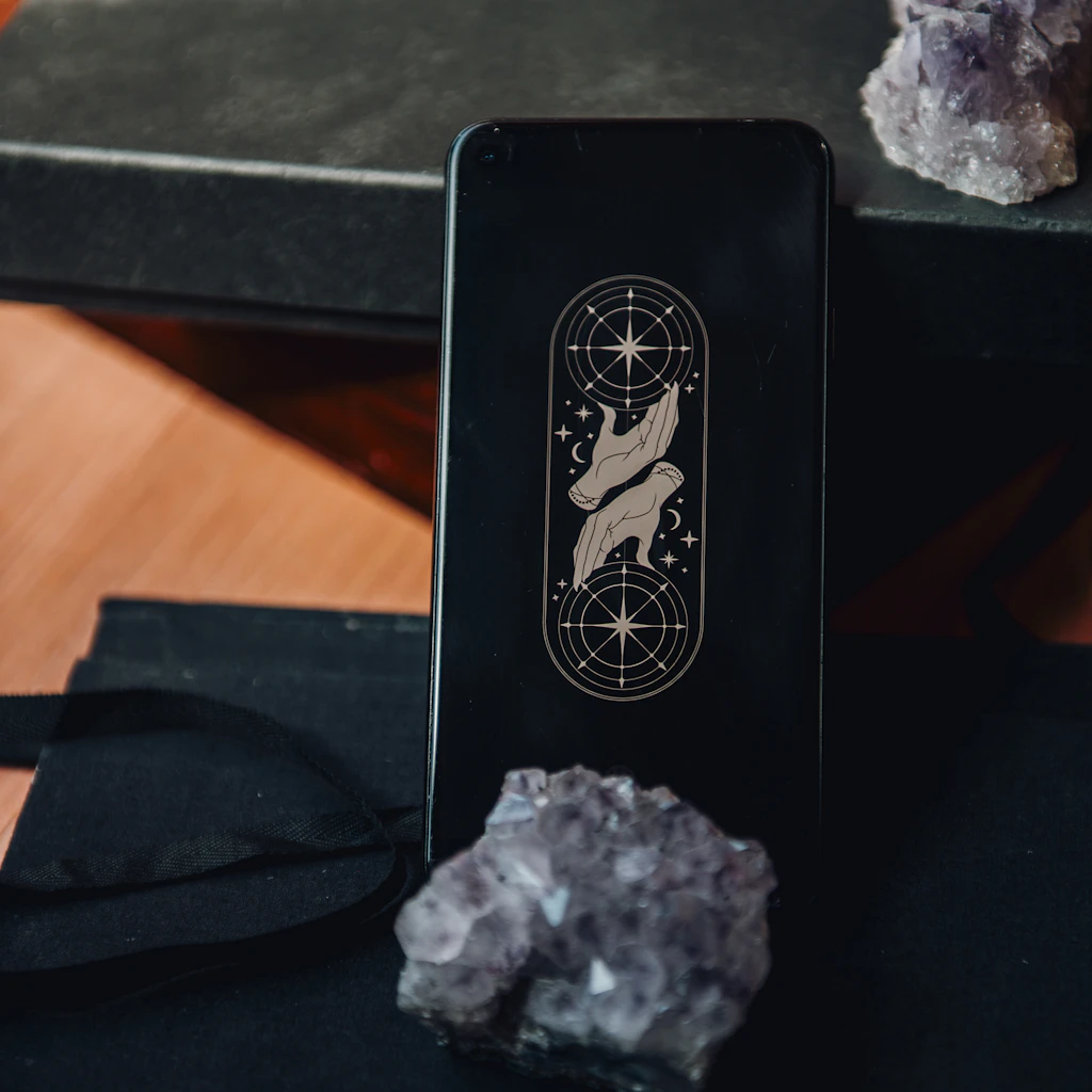 Najlepsza aplikacja do tarota — talia tarota, kryształy i książki rozłożone na biurku